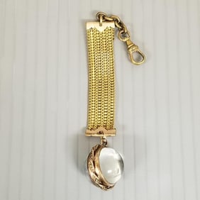 Antique glass pool of light locket watch fob - 7/8" diameter, 5" total length