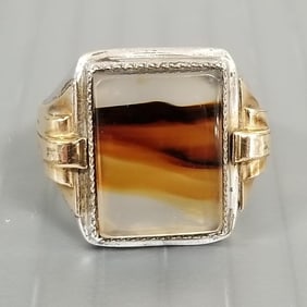 Vintage Ostby Barton men's agate ring w/ sterling silver & gold fill mount - 3/4" @ widest, size 10