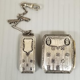 Antique Wadsworth sterling silver & enamel belt buckle and watch chain - 1 1/2" buckle, 25 gram