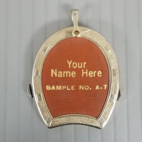 Antique Ambassador salesman sample horseshoe fob w/ two knives - 1 7/8" total length