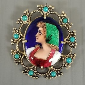 14k gold French enamel portrait pendant/brooch w/ turquoise accents - 8.4 grams, 1 3/8"L
