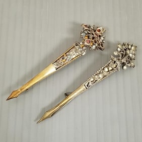 Pair antique gilt silver turban pins set w/ paste stones - 4"L, (some missing stones)