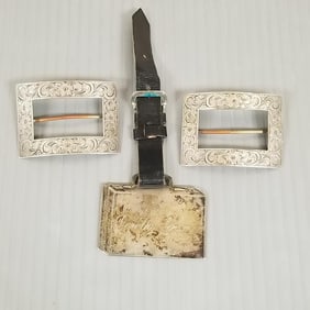 3 sterling silver items: two shoe buckles & one luggage tag - 42 grams total, 1 1/4" x 2"