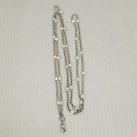 Antique silver lady's watch chain w/ floating clear stones - 23 grams, 54"L