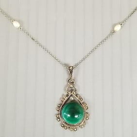 Antique sterling silver, marcasite, & malachite cabochon pendant necklace -24"L chain, 1 3/8"L
