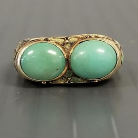 Tested 14k gold antique enameled ring set w/ turquoise- 4.6 grams, size 7, (some enamel loss)