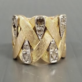 Tested 14k gold band set w/ mine cut diamonds - 19 grams, size 7 1/2, (one missing stone)