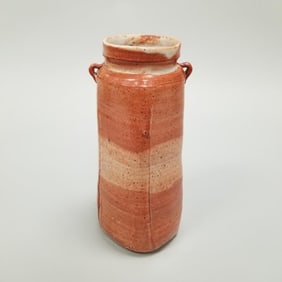 Warren Mackenzie tall 2-handled vase with shino glaze - not stamped - 13 3/4"T 6"D