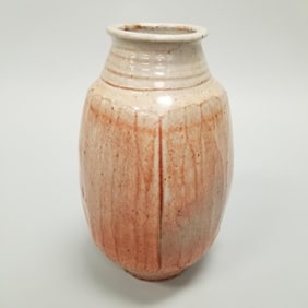 Warren Mackenzie tall faceted vase with shino glaze - not stamped - 15"T 8 1/2"W 8 1/2"D