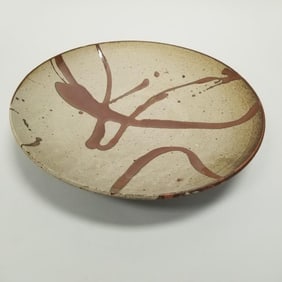 Warren Mackenzie large decorated platter - not stamped - 3 1/2"T 19 5/8"W 19 5/8D (2" firing crack)