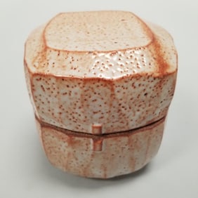 Warren Mackenzie 2-piece button box with shino glaze - not stamped - 5 3/4"T 5 1/2"W 5 3/4"D