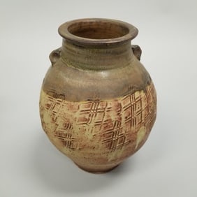 Warren Mackenzie tall vase with pattern design & 2 handles - not stamped - 13 1/2"T 11"W 11"D