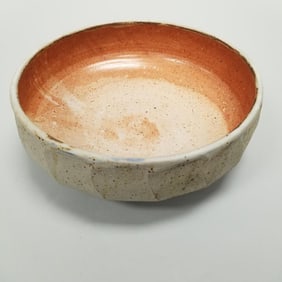 Warren Mackenzie large faceted bowl with shino interior glaze - not stamped - 4 3/4"T 13 3/4"W 14"D