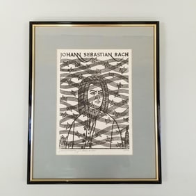 J. Hnizdovsky pencil signed & numbered #51/100 woodcut J.S. Bach - 1971 - framed 17"W 21"T O.D.