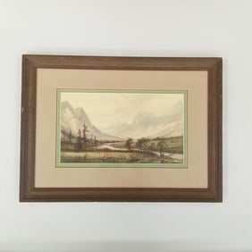 G.E. Colby antique watercolor - landscape with mountains & river - framed 16 1/2"H 22 1/2"W O.D.