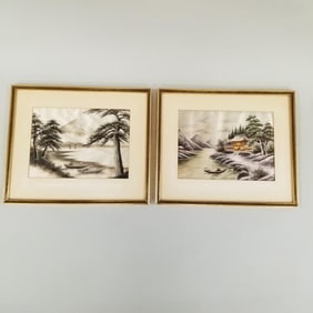 2 Asian framed silk thread scenic embroideries - 13 1/2"H 16"W O.D.
