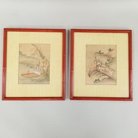 2 Asian framed figural paintings 15"H 12"W O.D.