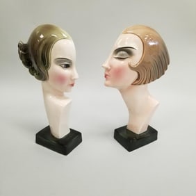 Pair 1930's Deco porcelain bust by Katzhutte Hertwig & Co. 8 1/2"H 5 1/2" Widest