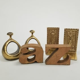 3 pair of brass etc bookends: Ben Seibel stirrup, Curtis Jere "A" to "Z" & Virginia metalcrafts 7