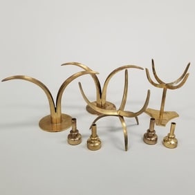 Group of brass items: Arthur Court stand, Hans Agne Jakobsson candleholders, etc. 5 1/4"H tallest;