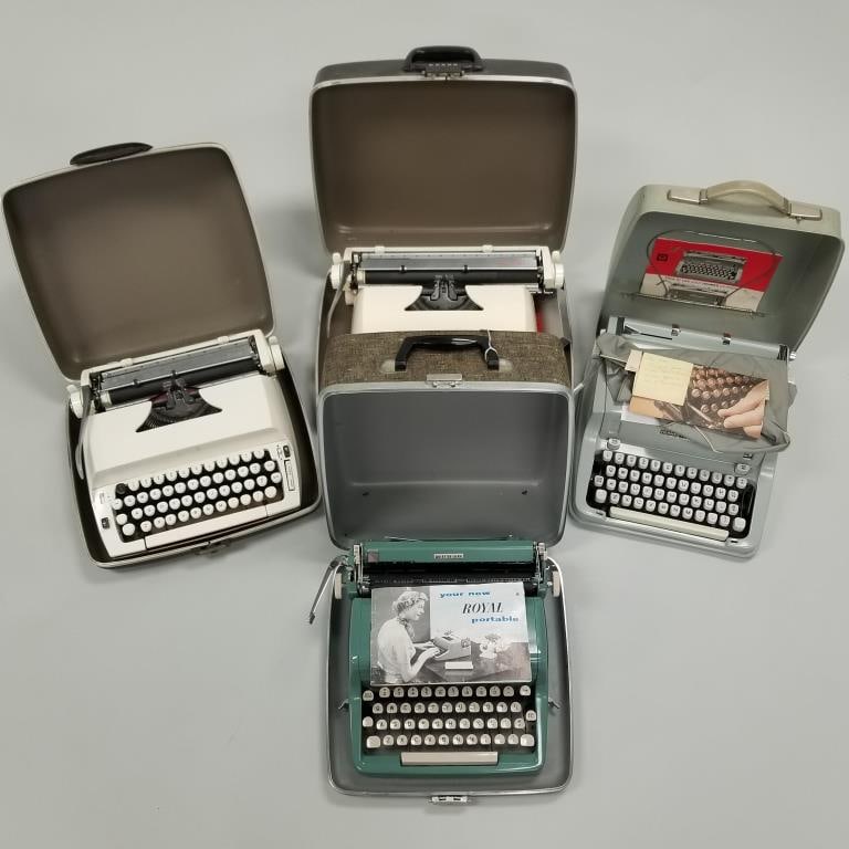 4 mid-century typewriters in cases including Hermes, etc.: 4 mid-century typewriters in cases including Hermes, etc.