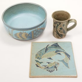 3 Kurt Wild signed studio pottery pieces: bowl 4"H 9 1/4"W; tile 8 1/4"W 8 1/4"L; cup 5"H 5"W