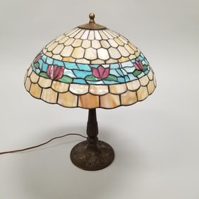 Antique lamp base with stained & leaded glass shade 23"H 18 1/4"W (shade)