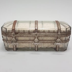 Antique salesman sample glass & metal casket with cloth lining 8"H 19"L  7 1/2"D