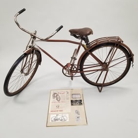Antique Ranger boys bicycle with 1920's framed advertisement & 1942 South Bend license plate 42