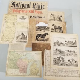 Group 19th century paper broadsides: horse advertisements, maps, etc. (as seen-condition issues)