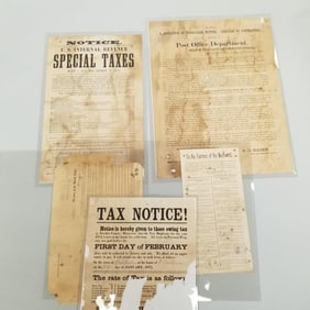 Collection 19th century broadsides: Internal Revenue, etc. (as seen-condition issues) 21"H 18"W