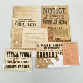Group 19th century broadsides: Civil War Headstone notice, Internal Revenue, etc. (as seen-condition