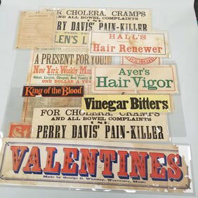 Collection 19th century paper advertisements: Cures, Tonics, Hair Vigor, etc. (as seen-condition