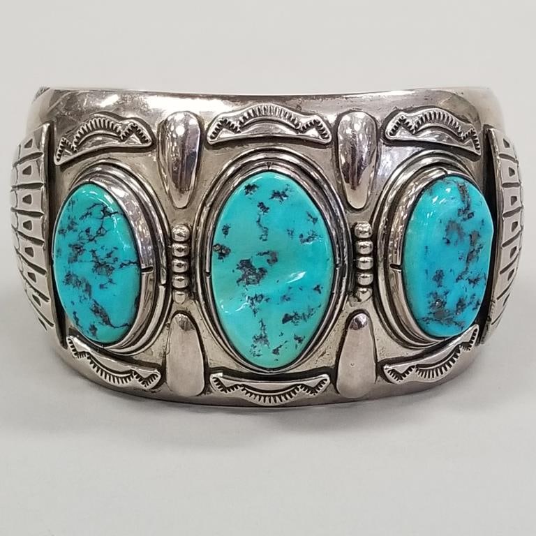 Tommy Singer Southwest sterling silver cuff bracelet set with turquoise -136g; 2 5/8" interior (1 of 13)