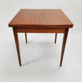 Teak mid-century flip top dining table- 30"H 30"W 30"D (closed); 30"H 60"W 30"D