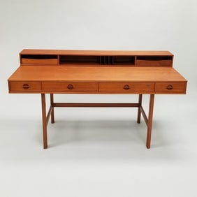Peter Lovig Nielsen signed teak Danish modern flip top desk- 34"H 64"W 29"D refinished top, some dis
