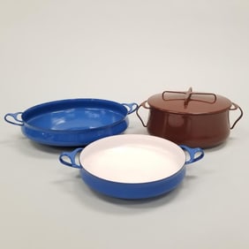 3 pieces Dansk enamelware cookware- 17 1/4" widest 6"H tallest
