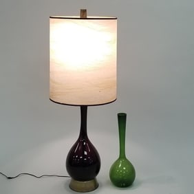 2 Gullaskruf Swedish glass pieces: lamp 46 1/2"H 9"D; vase 19 3/4"H 7"D (shade as is-breaks)