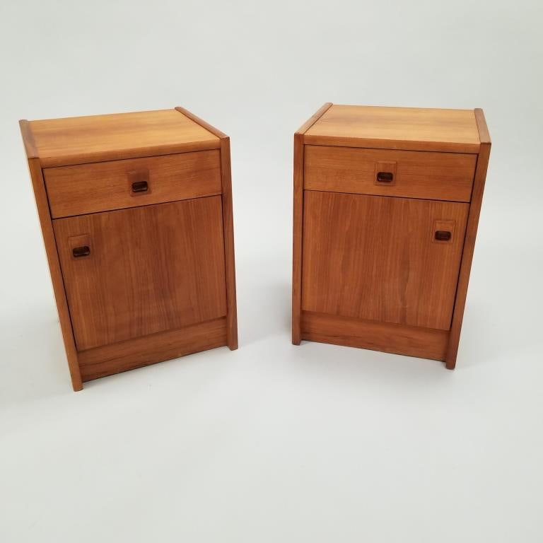 Pair teak mid-century night stands with drawer & door- 24"H 17 5/8"W 16"D (minor staining to top of (1 of 10)