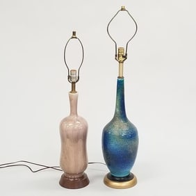 2 mid-century modern pottery table lamps - 28 1/4"H (without harp) 7"W