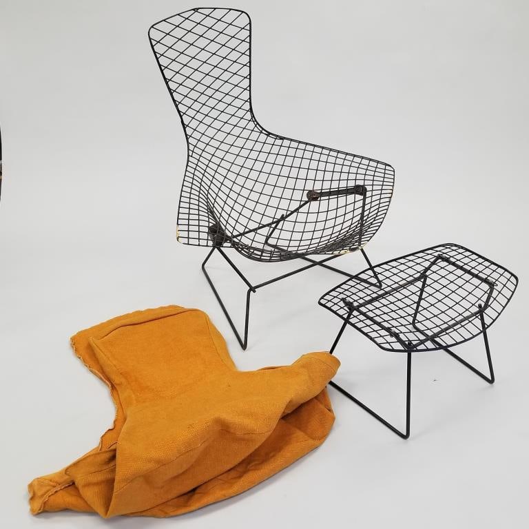 Bertoia for Knoll bird chair & ottoman (as seen- original fabric for chair only-stained, etc; no: Bertoia for Knoll bird chair & ottoman (as seen- original fabric for chair only-stained, etc; no foam--use for pattern(?) with original label) 38 1/2"H 37 3/4"W 36"D