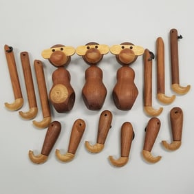 3 Kay Bojesen Danish teak monkeys (unstrung) 8"H 6 3/4"W 2"D