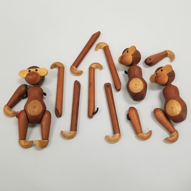 3 Kay Bojesen Danish teak monkeys (unstrung) 8"H 6 3/4"W 2"D: 3 Kay Bojesen Danish teak monkeys (unstrung) 8"H 6 3/4"W 2"D