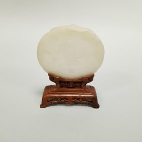 Carved jade plaque/lid on carved wood stand- 4 1/4"H 3 1/4"W 1 1/4"D OD assembled