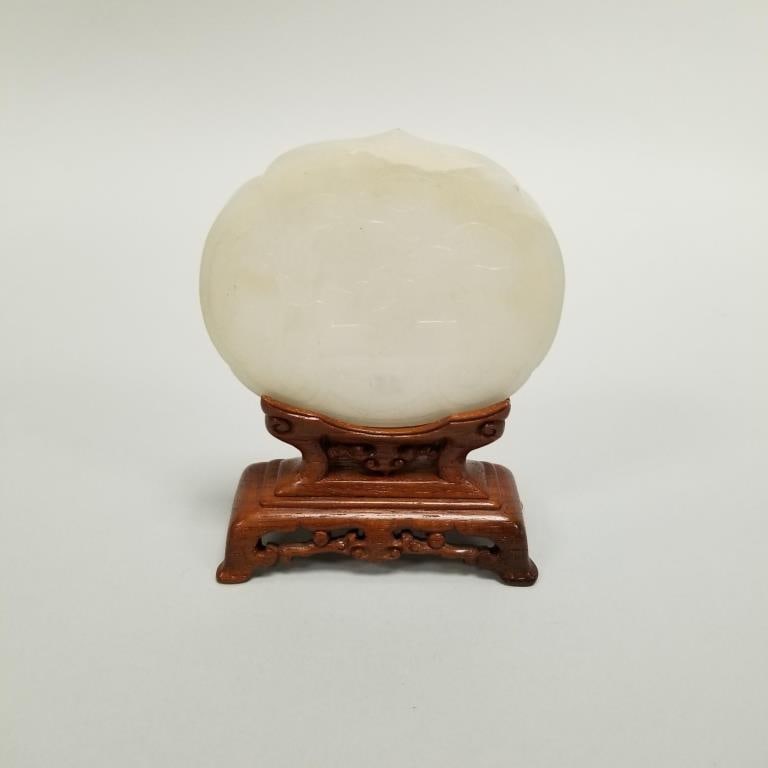 Carved jade plaque/lid on carved wood stand- 4 1/4"H 3 1/4"W 1 1/4"D OD assembled: Carved jade plaque/lid on carved wood stand- 4 1/4"H 3 1/4"W 1 1/4"D OD assembled