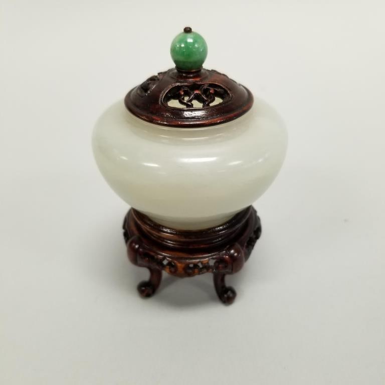 Small signed jade bowl with pierced wood lid on wood stand- 3 1/2"H 2 1/4"W OD assembled (1 of 6)
