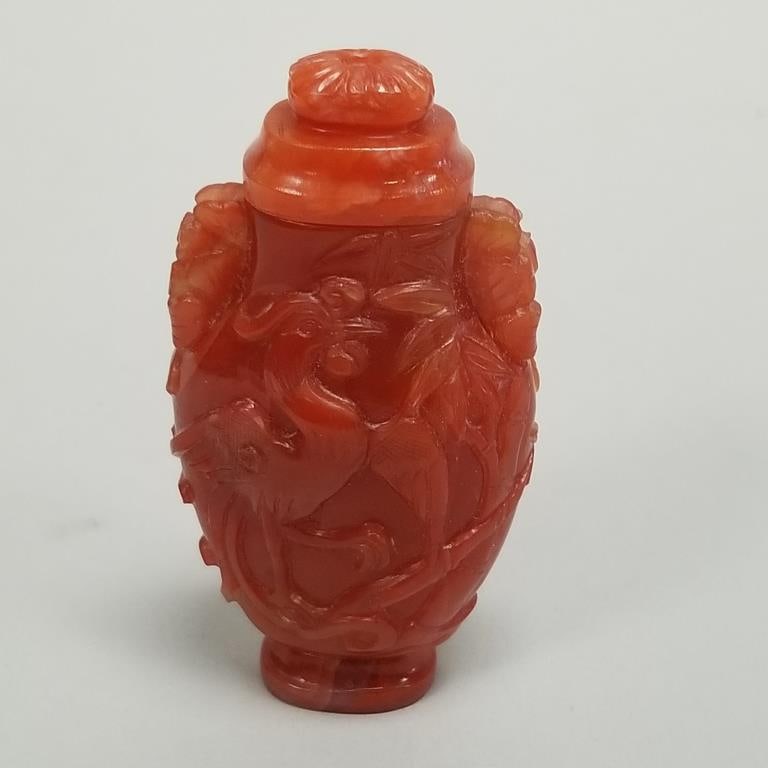 Carved carnelian agate snuff bottle- 2 3/4"H 1 1/2"W 3/4"D (small chip to flower petal) (1 of 9)