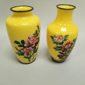2 vintage Japanese cloisonne vases with yellow ground, floral motif & silver rims- 7 1/2"H 3 3/4"W
