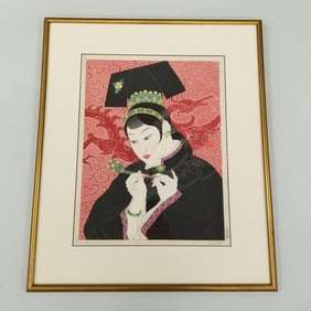 Paul Jacoulet framed woodblock print Les Jades Chinoise pencil signed above red boat seal- 23 1/2"H