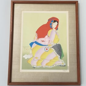 Paul Jacoulet framed woodblock print Le Billet Doux Mongole pencil signed above red floral seal -